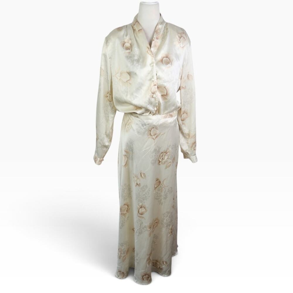 Vintage Nygard Cream Floral Satin Blouse Top and Maxi Skirt Set